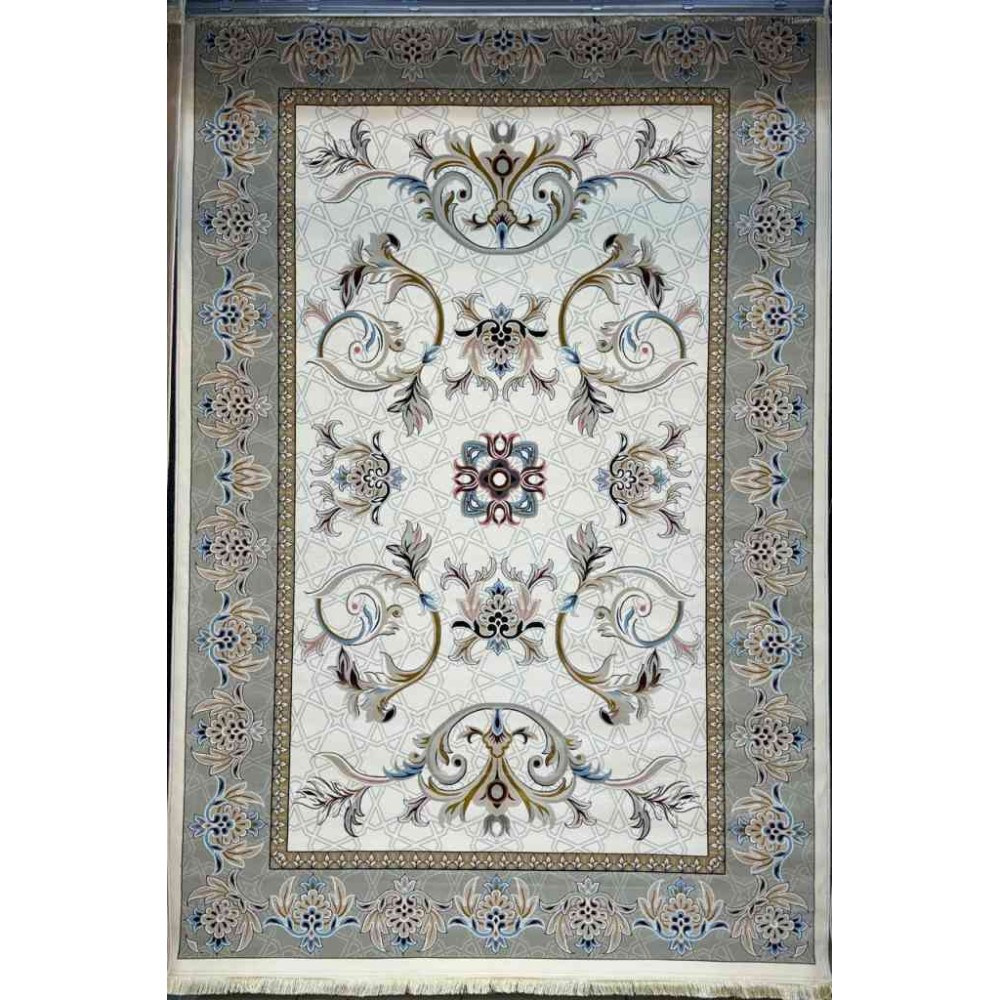 سجاد إيراني درجة أولى سجاد فاخر مصنوع بدقة عالية من أفضل أنواع الصوف والحريرنقشه ملكي الون كريم رصاصي مقاس 400*500