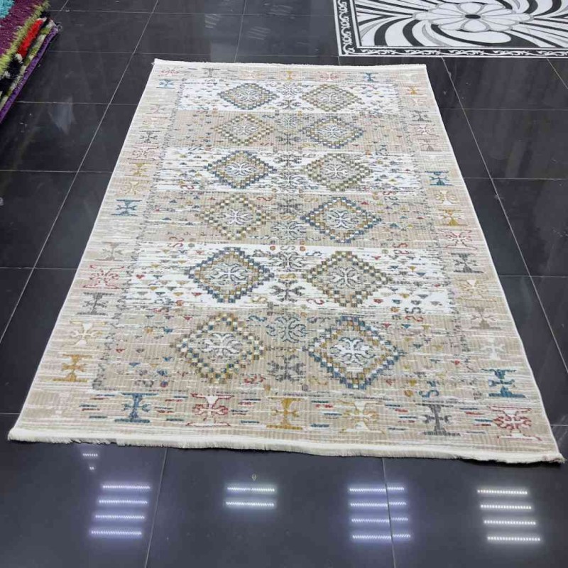 سجاد بوهيمي تركي فينتج B0024C لون بيج ابيض مقاس 150*230