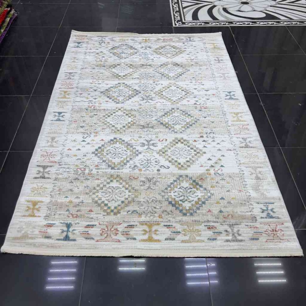 سجاد بوهيمي تركي فينتج B0024C لون ابيض بيج مقاس 250*350