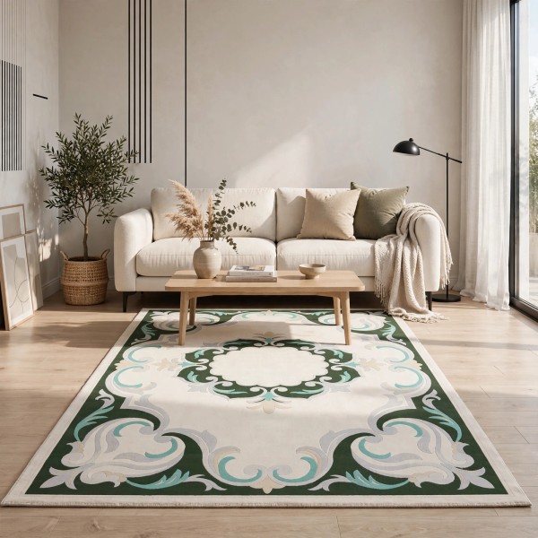 سجاد تركي اوركيد نقش كوري HR21A  كريم اخضر غامق مقاس 250*350