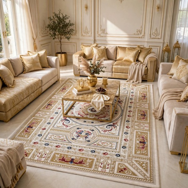 سجاد فرساي نقش فرنسي تركي HN71A ابيض ذهبي مقاس 150*220