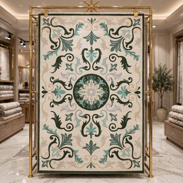 سجاد يدوي الهبه تصميم كوري HR18A كريم اخضر غامق مقاس 400*600